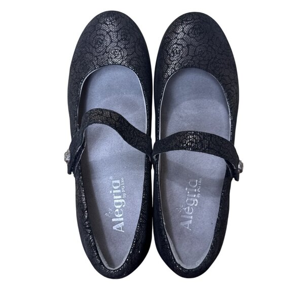 Alegria Flair Women's Black Mary Jane Wedge Metallic Pewter Floral Size 39/8.5 - Picture 7 of 13